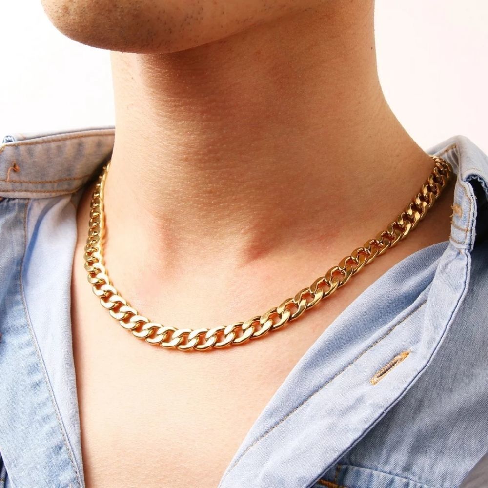 Gold Flat Curb Chain Necklace 9mm thick 20 inches long - Picture 2 of 5
